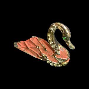 Vintage Swan Brooch Pink Enamel Rhinestones Gold Tone Accent 2 Inches